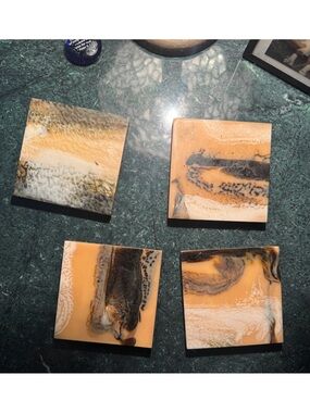 4pc west elm Square acrylic “Marbled Stone” Coaster Set Slip-Proof Beige